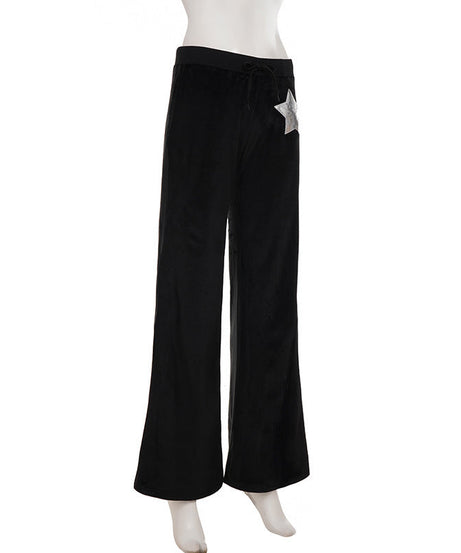 Black Velvet Wide-Leg Pants with Shimmer Star - Cozy Chic for Fall & Holiday Glam