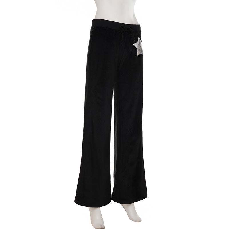 Black Velvet Wide-Leg Pants with Shimmer Star - Cozy Chic for Fall & Holiday Glam