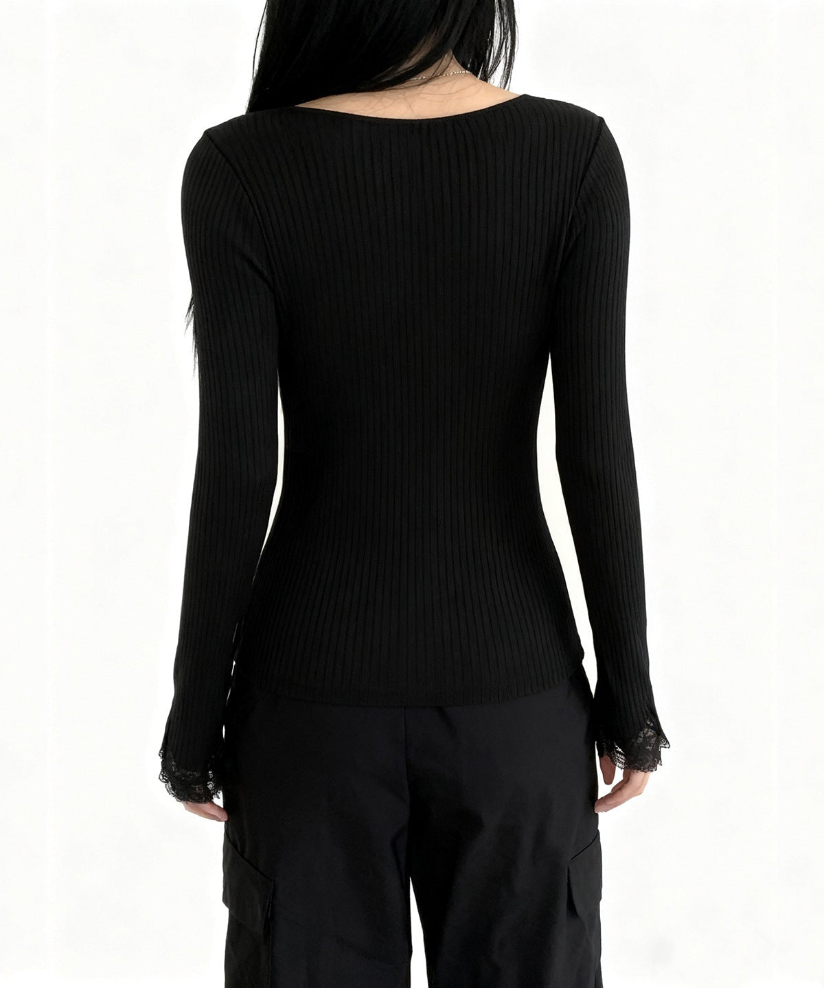 Effortless Autumn Elegance: Women's Ribbed V-Neck Long Sleeve Top with Delicate Lace Trim