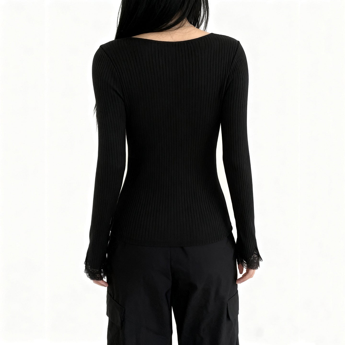 Effortless Autumn Elegance: Women's Ribbed V-Neck Long Sleeve Top with Delicate Lace Trim