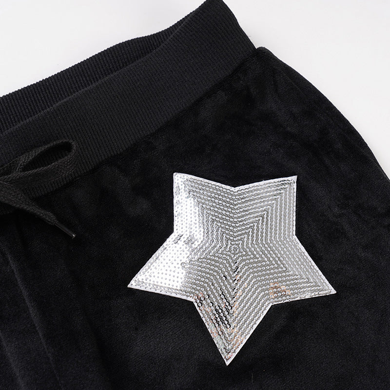 Black Velvet Wide-Leg Pants with Shimmer Star - Cozy Chic for Fall & Holiday Glam