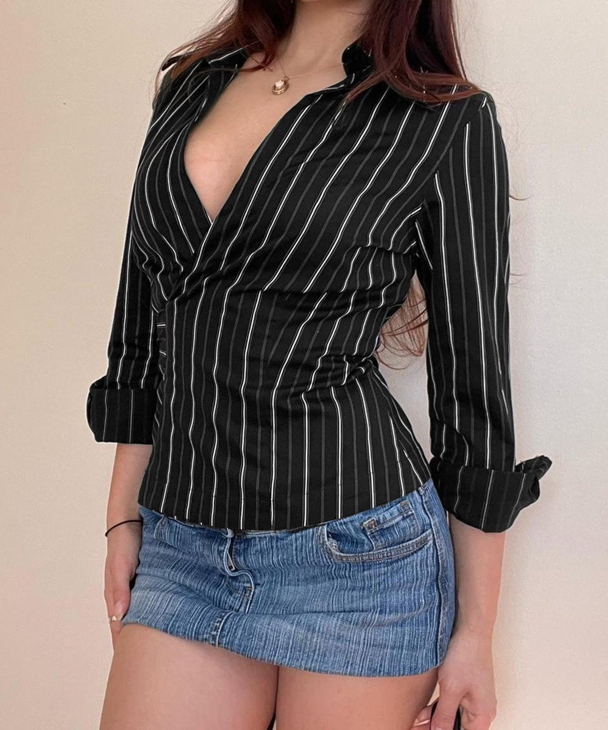 Sophisticated Pinstripe Wrap Blouse | V-Neck Long Sleeve Top for Fall & Holiday Styling