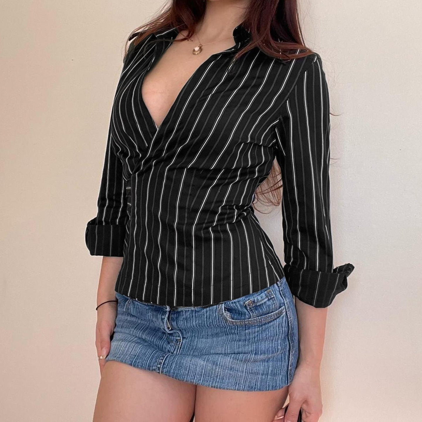 Sophisticated Pinstripe Wrap Blouse | V-Neck Long Sleeve Top for Fall & Holiday Styling