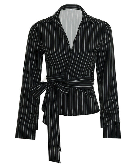Sophisticated Pinstripe Wrap Blouse | V-Neck Long Sleeve Top for Fall & Holiday Styling