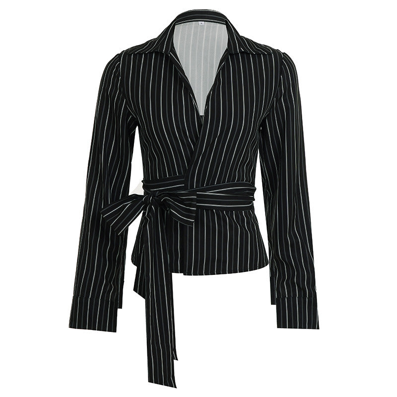 Sophisticated Pinstripe Wrap Blouse | V-Neck Long Sleeve Top for Fall & Holiday Styling