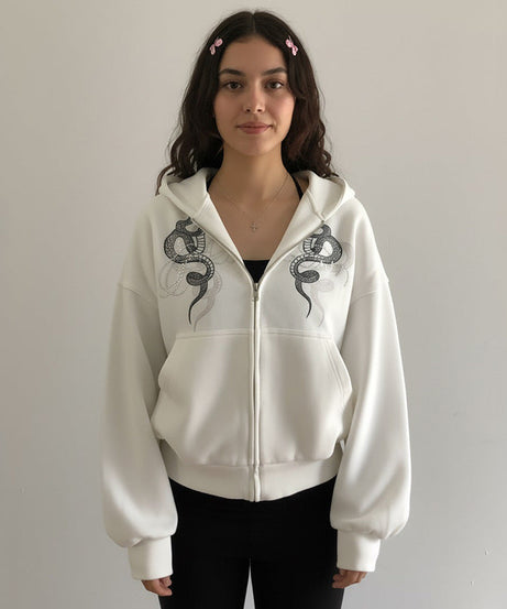 Cozy Core Serpent Rhinestone Full-Zip Hoodie for Women | Edgy Fall & Winter Street Style