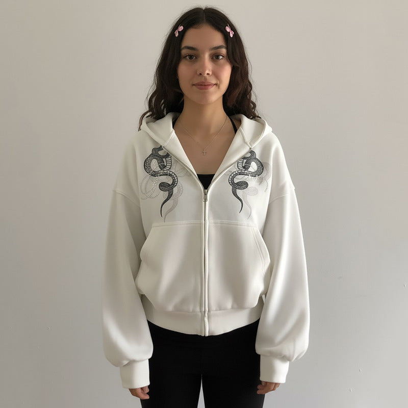 Cozy Core Serpent Rhinestone Full-Zip Hoodie for Women | Edgy Fall & Winter Street Style