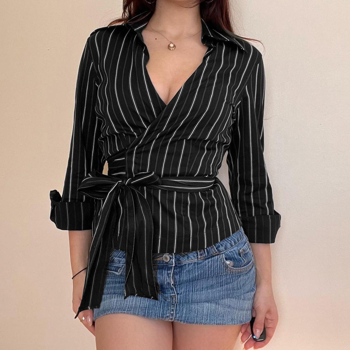 Sophisticated Pinstripe Wrap Blouse | V-Neck Long Sleeve Top for Fall & Holiday Styling