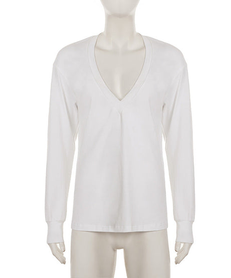 Soft & Stylish: Women's Deep V-Neck 100% Cotton Long Sleeve Top – Your Fall & Holiday Essential