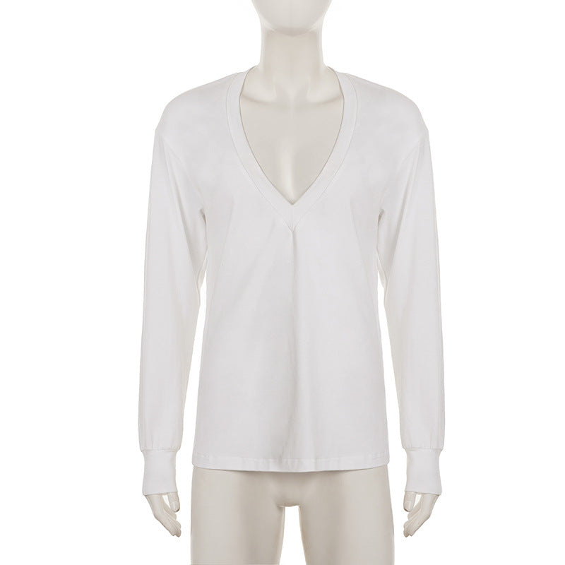 Soft & Stylish: Women's Deep V-Neck 100% Cotton Long Sleeve Top – Your Fall & Holiday Essential