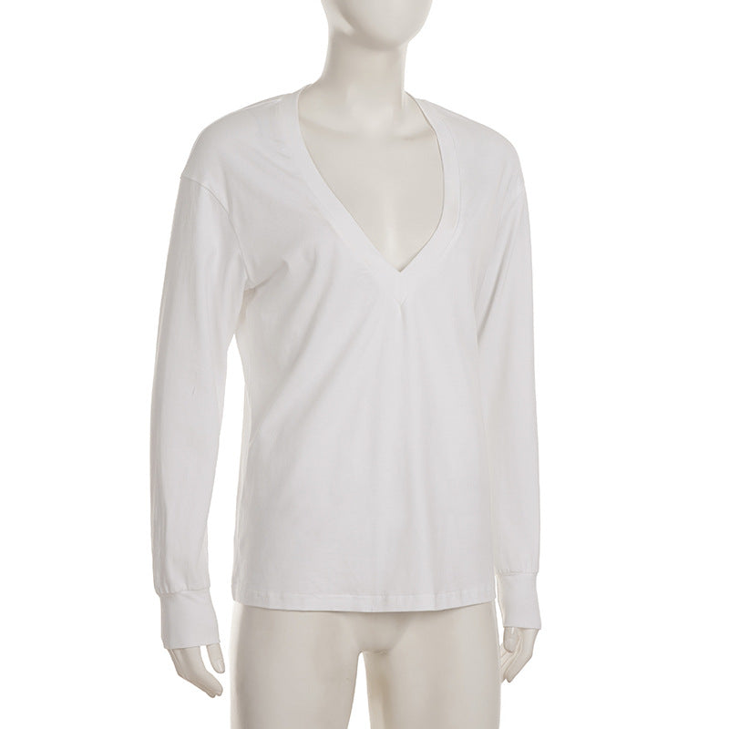 Soft & Stylish: Women's Deep V-Neck 100% Cotton Long Sleeve Top – Your Fall & Holiday Essential