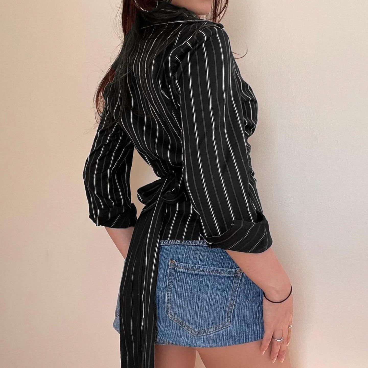 Sophisticated Pinstripe Wrap Blouse | V-Neck Long Sleeve Top for Fall & Holiday Styling