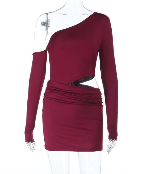 Wine Red One-Shoulder Cutout Ruched Mini Dress - Holiday Party & NYE Ready