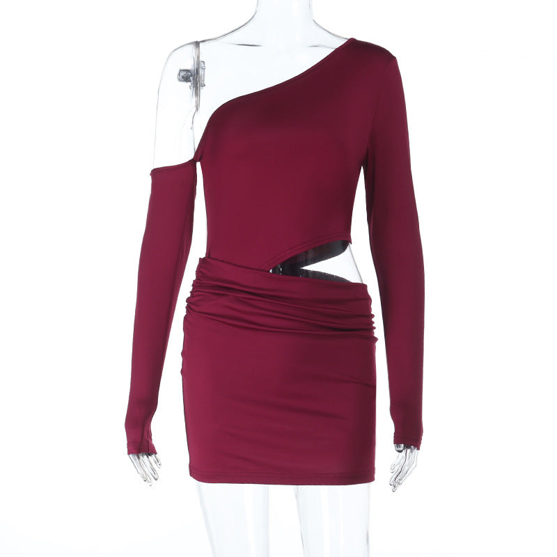 Wine Red One-Shoulder Cutout Ruched Mini Dress - Holiday Party & NYE Ready