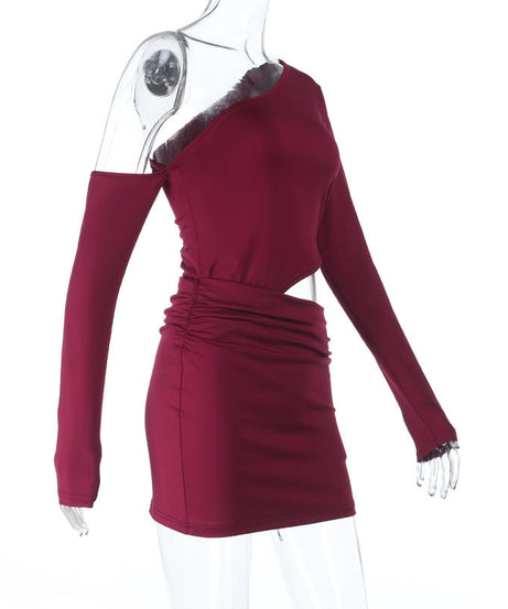 Wine Red One-Shoulder Cutout Ruched Mini Dress - Holiday Party & NYE Ready