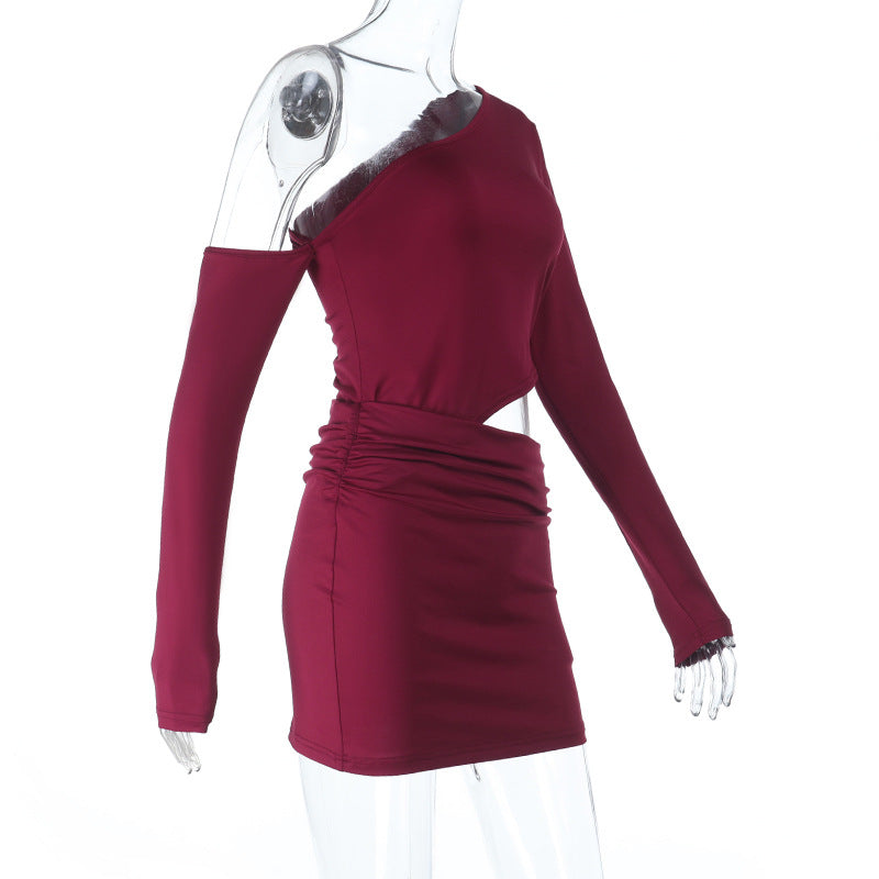 Wine Red One-Shoulder Cutout Ruched Mini Dress - Holiday Party & NYE Ready