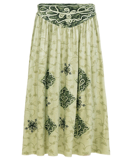 Effortless Fall Style: Women's Artisan Print Maxi Skirt - Sage Green Boho Chic with Ruched Waist