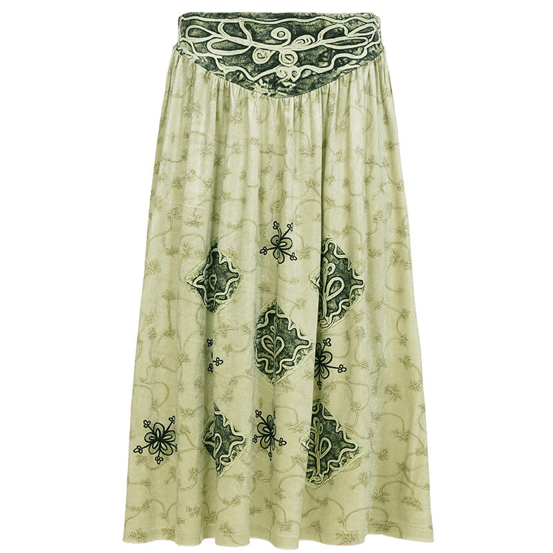 Effortless Fall Style: Women's Artisan Print Maxi Skirt - Sage Green Boho Chic with Ruched Waist