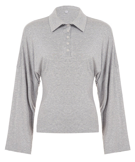 Effortless Fall Chic: Women's Soft Knit Bell Sleeve Polo Top | Cozy & Versatile