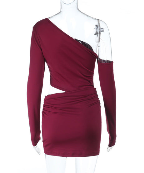 Wine Red One-Shoulder Cutout Ruched Mini Dress - Holiday Party & NYE Ready