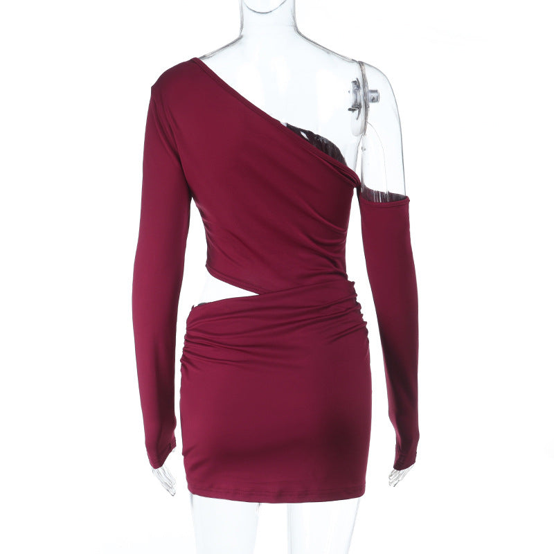 Wine Red One-Shoulder Cutout Ruched Mini Dress - Holiday Party & NYE Ready