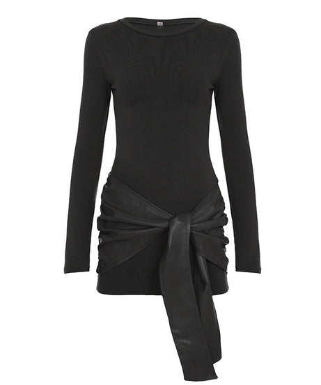 Edgy Chic Faux Leather Tie Ruched Bodycon Mini Dress - Holiday Party & NYE Ready