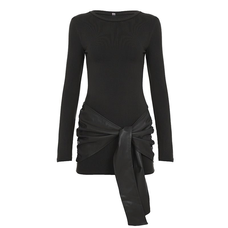 Edgy Chic Faux Leather Tie Ruched Bodycon Mini Dress - Holiday Party & NYE Ready