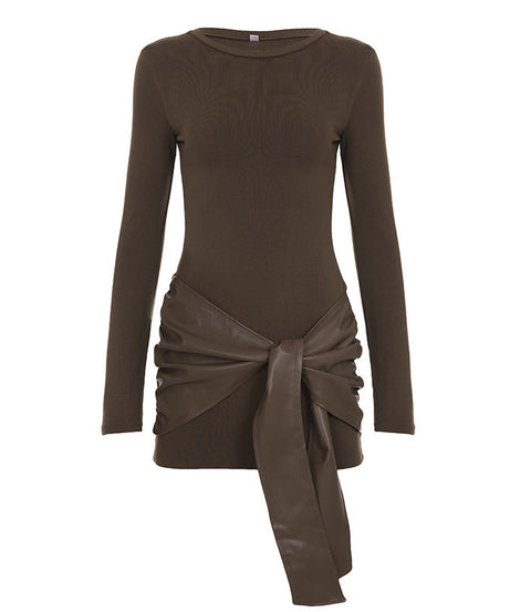 Edgy Chic Faux Leather Tie Ruched Bodycon Mini Dress - Holiday Party & NYE Ready