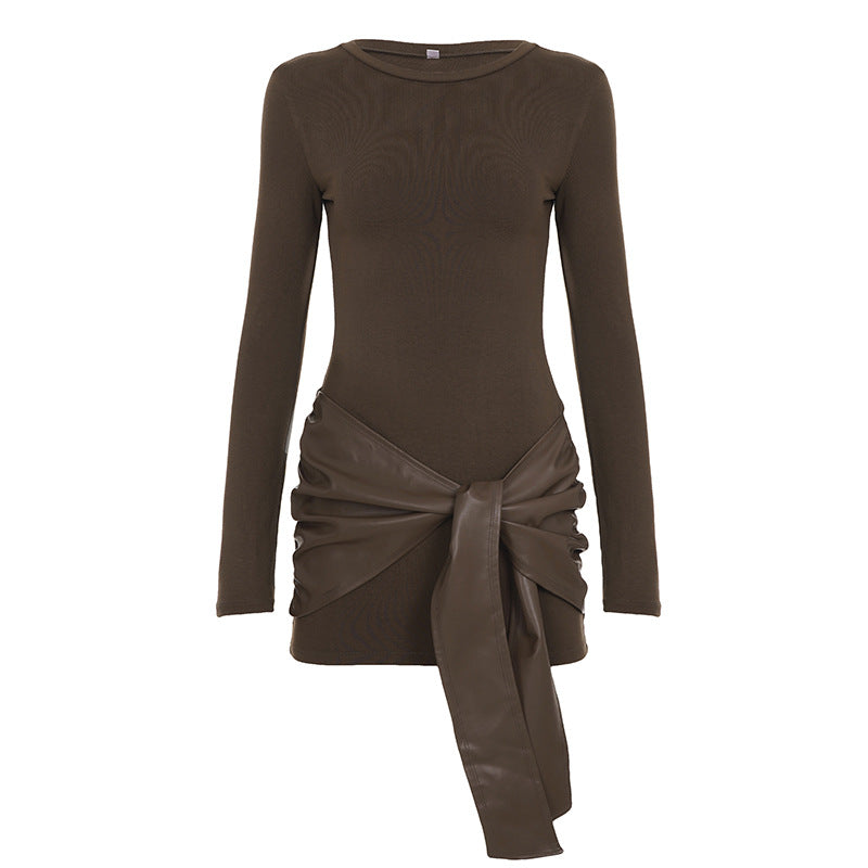 Edgy Chic Faux Leather Tie Ruched Bodycon Mini Dress - Holiday Party & NYE Ready