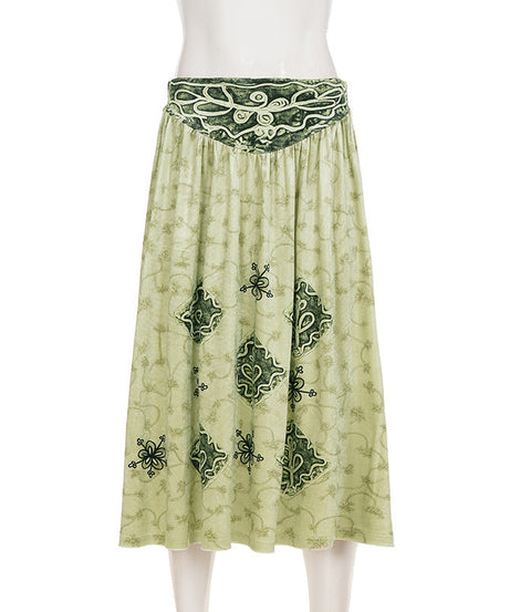 Effortless Fall Style: Women's Artisan Print Maxi Skirt - Sage Green Boho Chic with Ruched Waist