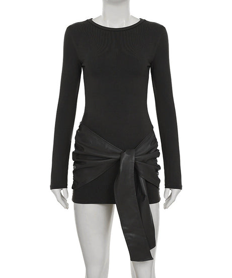 Edgy Chic Faux Leather Tie Ruched Bodycon Mini Dress - Holiday Party & NYE Ready