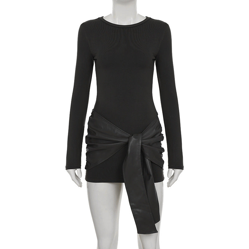 Edgy Chic Faux Leather Tie Ruched Bodycon Mini Dress - Holiday Party & NYE Ready