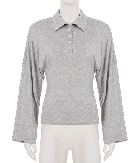 Effortless Fall Chic: Women's Soft Knit Bell Sleeve Polo Top | Cozy & Versatile