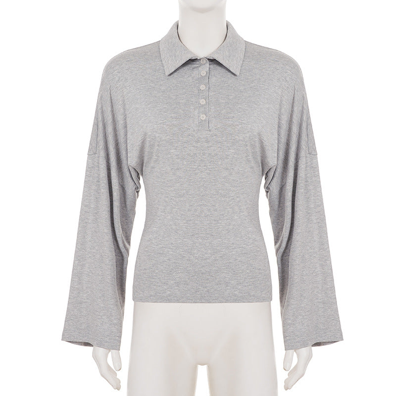 Effortless Fall Chic: Women's Soft Knit Bell Sleeve Polo Top | Cozy & Versatile