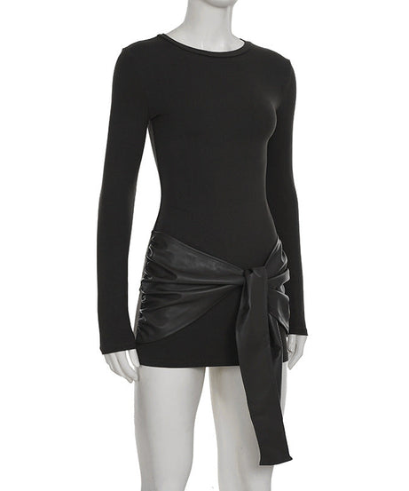 Edgy Chic Faux Leather Tie Ruched Bodycon Mini Dress - Holiday Party & NYE Ready