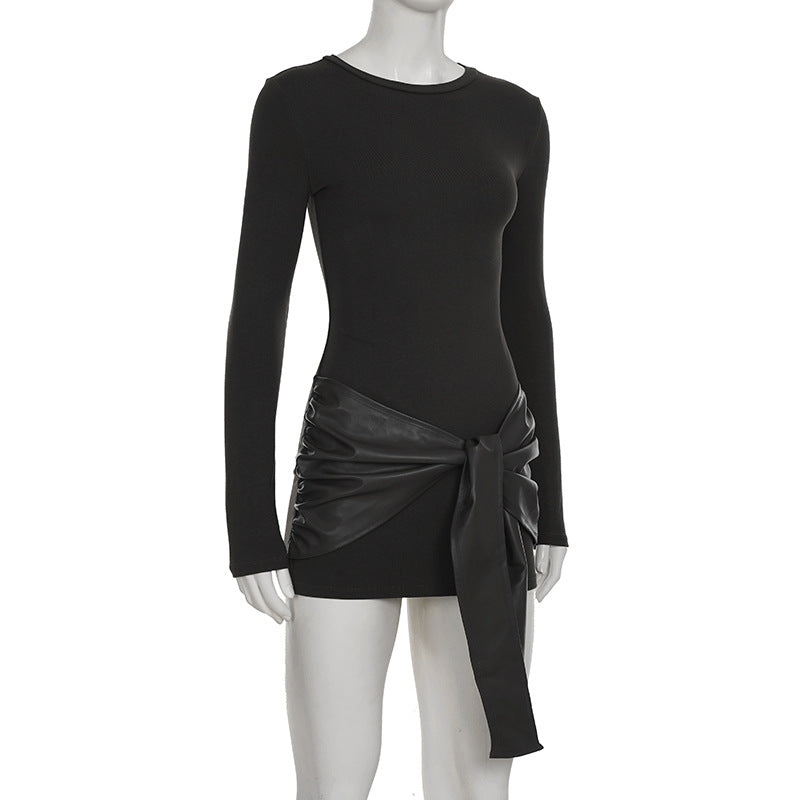 Edgy Chic Faux Leather Tie Ruched Bodycon Mini Dress - Holiday Party & NYE Ready