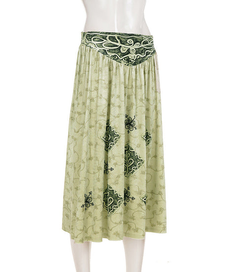 Effortless Fall Style: Women's Artisan Print Maxi Skirt - Sage Green Boho Chic with Ruched Waist