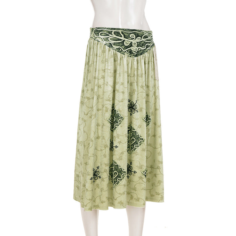 Effortless Fall Style: Women's Artisan Print Maxi Skirt - Sage Green Boho Chic with Ruched Waist