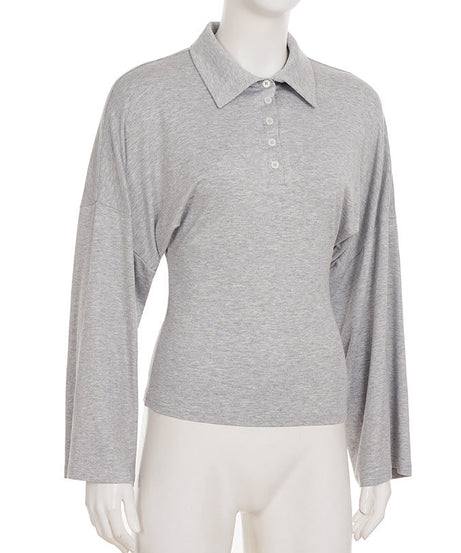 Effortless Fall Chic: Women's Soft Knit Bell Sleeve Polo Top | Cozy & Versatile