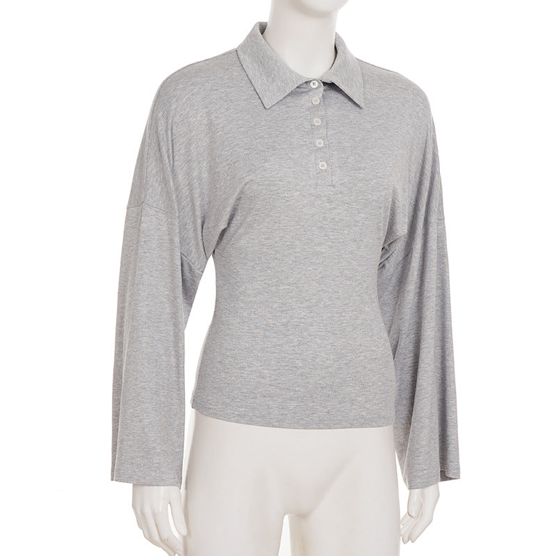 Effortless Fall Chic: Women's Soft Knit Bell Sleeve Polo Top | Cozy & Versatile