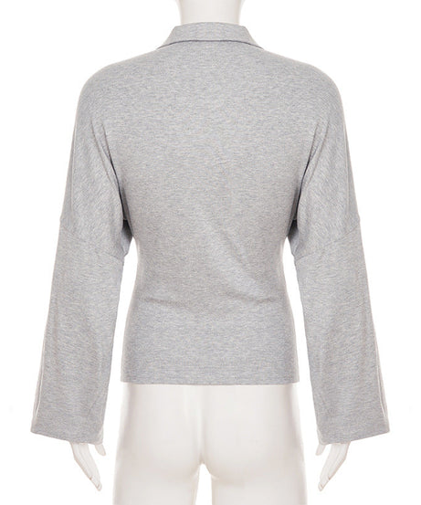 Effortless Fall Chic: Women's Soft Knit Bell Sleeve Polo Top | Cozy & Versatile