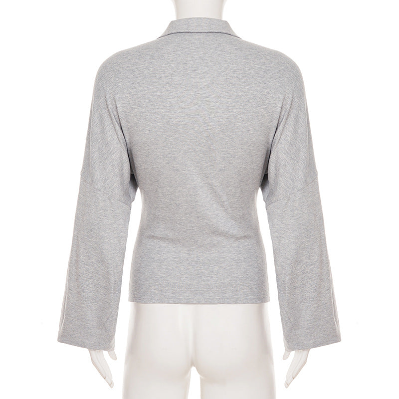Effortless Fall Chic: Women's Soft Knit Bell Sleeve Polo Top | Cozy & Versatile