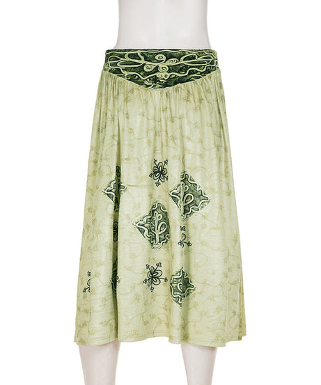 Effortless Fall Style: Women's Artisan Print Maxi Skirt - Sage Green Boho Chic with Ruched Waist