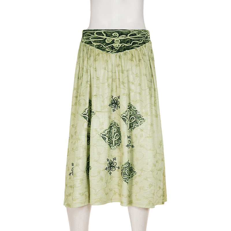 Effortless Fall Style: Women's Artisan Print Maxi Skirt - Sage Green Boho Chic with Ruched Waist