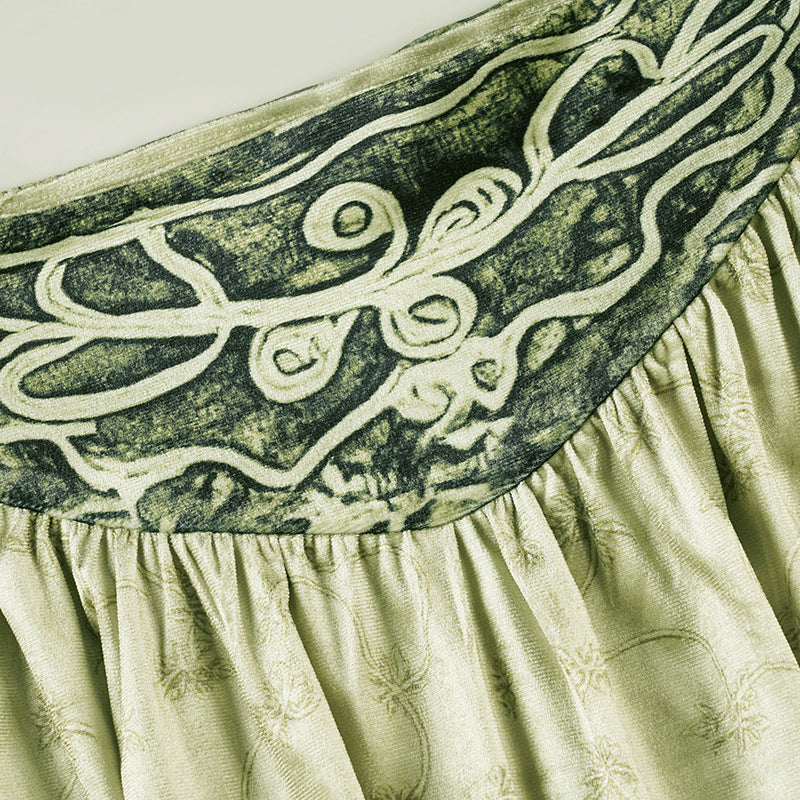 Effortless Fall Style: Women's Artisan Print Maxi Skirt - Sage Green Boho Chic with Ruched Waist