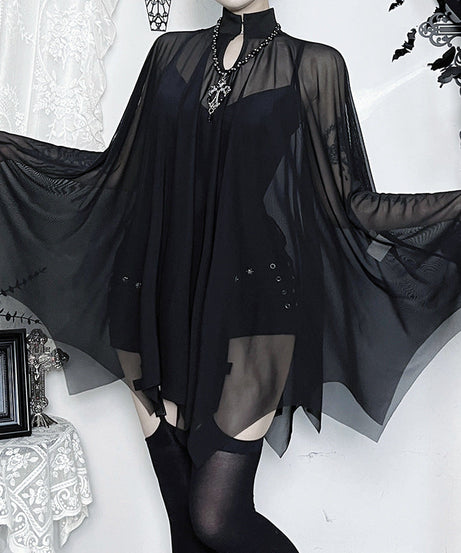 Dark Allure Gothic Mesh Cape & Cami Bodysuit Set - Halloween Ready & Beyond