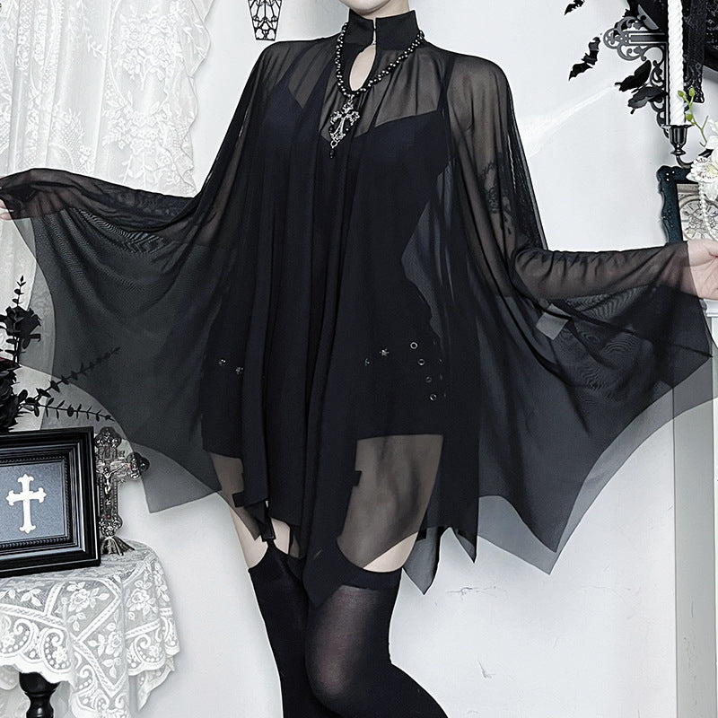 Dark Allure Gothic Mesh Cape & Cami Bodysuit Set - Halloween Ready & Beyond
