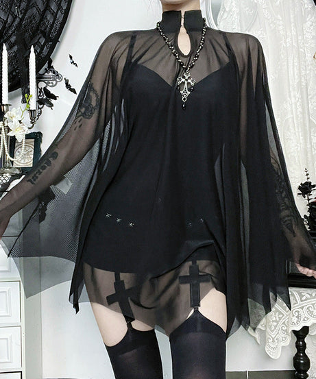 Dark Allure Gothic Mesh Cape & Cami Bodysuit Set - Halloween Ready & Beyond