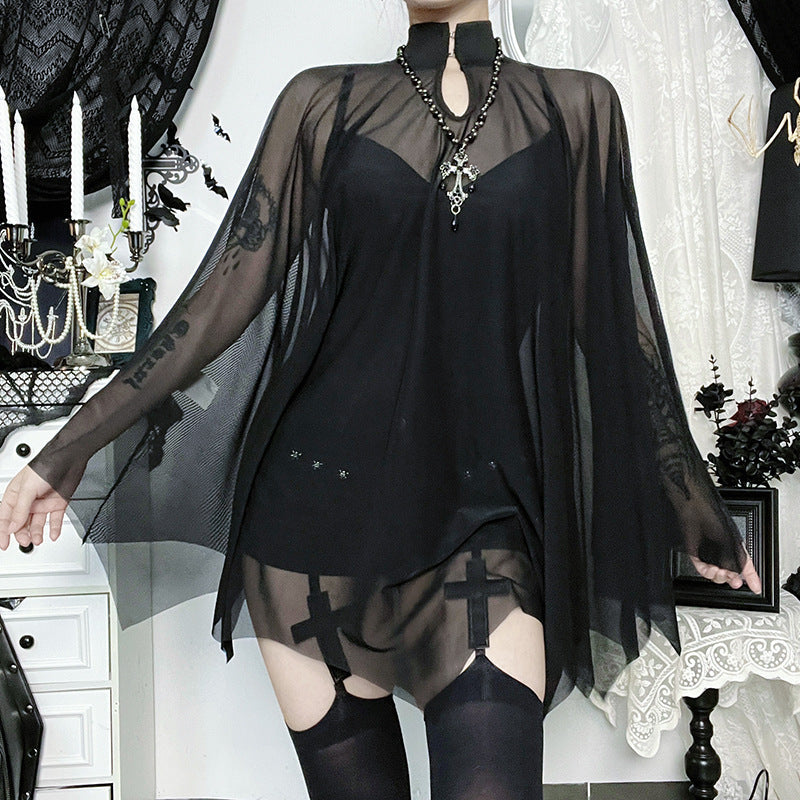 Dark Allure Gothic Mesh Cape & Cami Bodysuit Set - Halloween Ready & Beyond