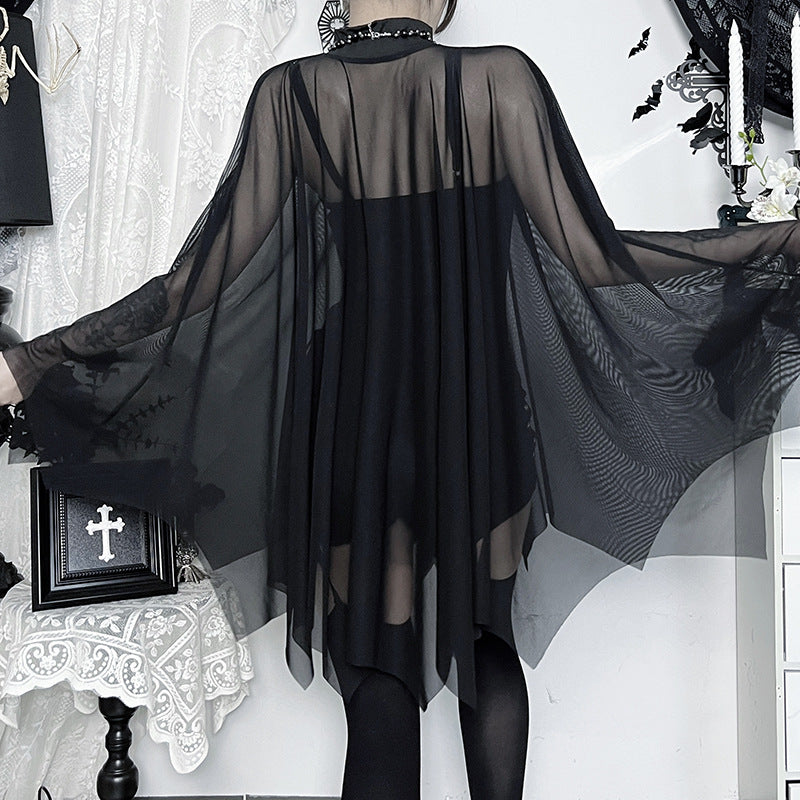 Dark Allure Gothic Mesh Cape & Cami Bodysuit Set - Halloween Ready & Beyond